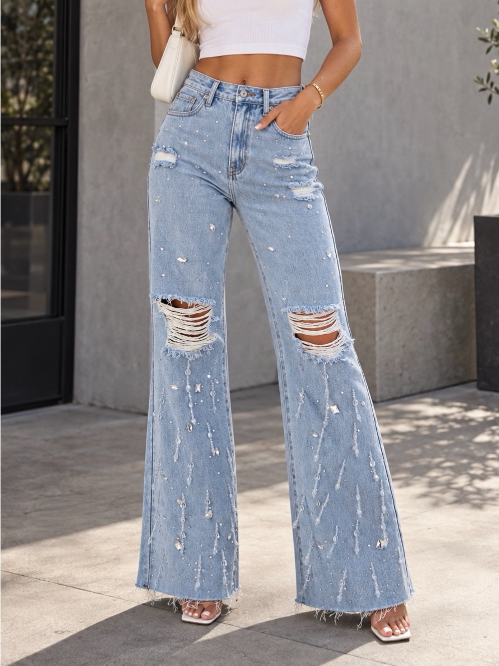 Fashion Nova ‘Oh So Icy’ Crystal Embellished Distressed Wide Leg Jeans Size 1